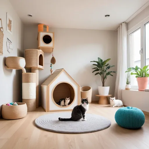 Prompt: a fluffy cat inspired room with scratching posts, litter box and toys