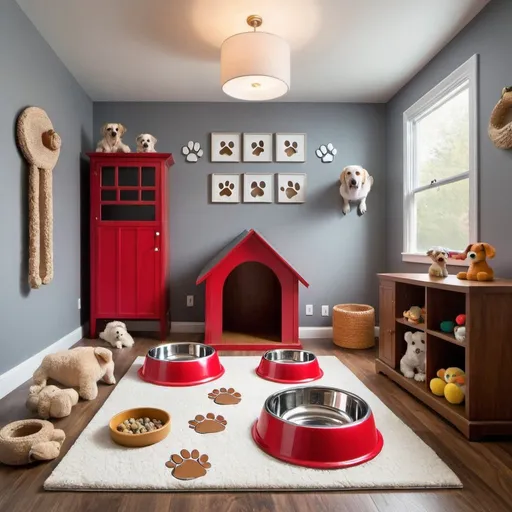 Prompt: a dog inspired room with dog bowls, leads, paw prints and toys