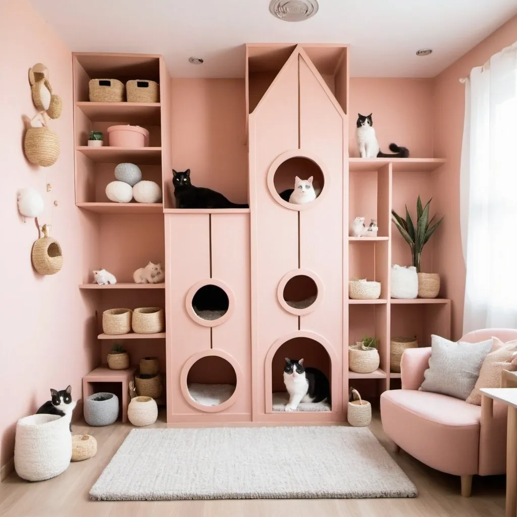 Prompt: a fluffy cat inspired room with cat trees, litter box and toys