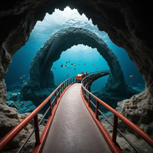 Prompt: a roller coaster going through a fish cave