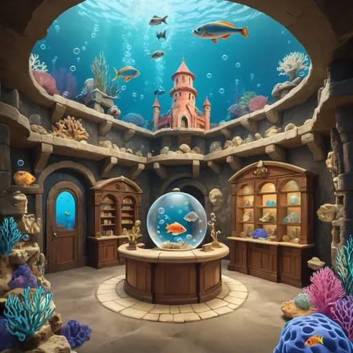 Prompt: a fish inspired information room that has bubbles, coral, castle and treasure chest