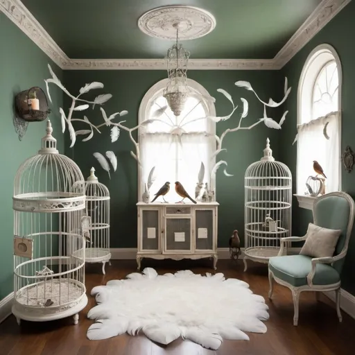 Prompt: a bird inspired room with cages and feathers as decoration