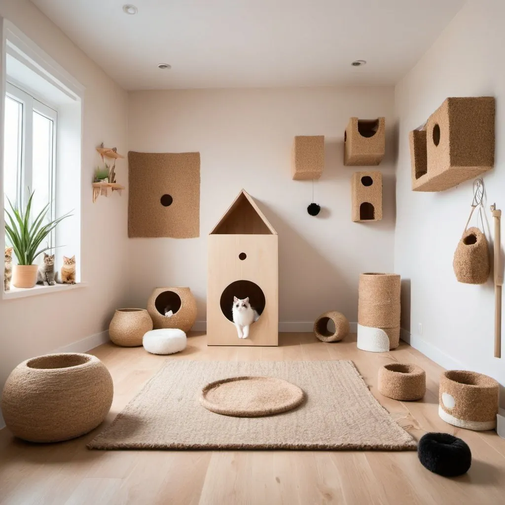 Prompt: a cat inspired room with fluffy walls, scratching posts, litter box and toys