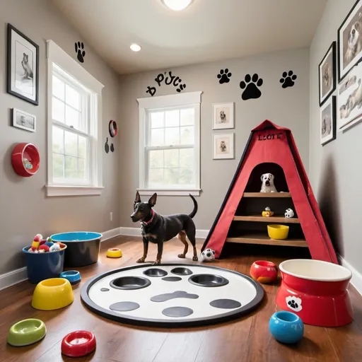 Prompt: a dog inspired room with dog bowls, leads, paw prints and toys