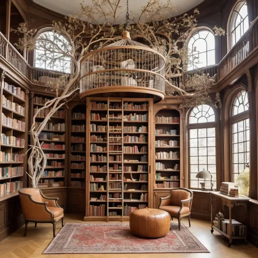 Prompt: a bird inspired library with cages and seeds as decoration