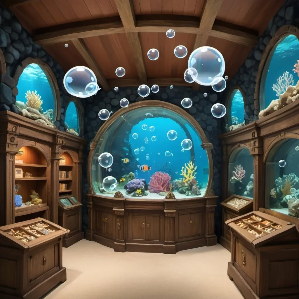 Prompt: a fish inspired information room that has bubbles, coral, castle and treasure chest