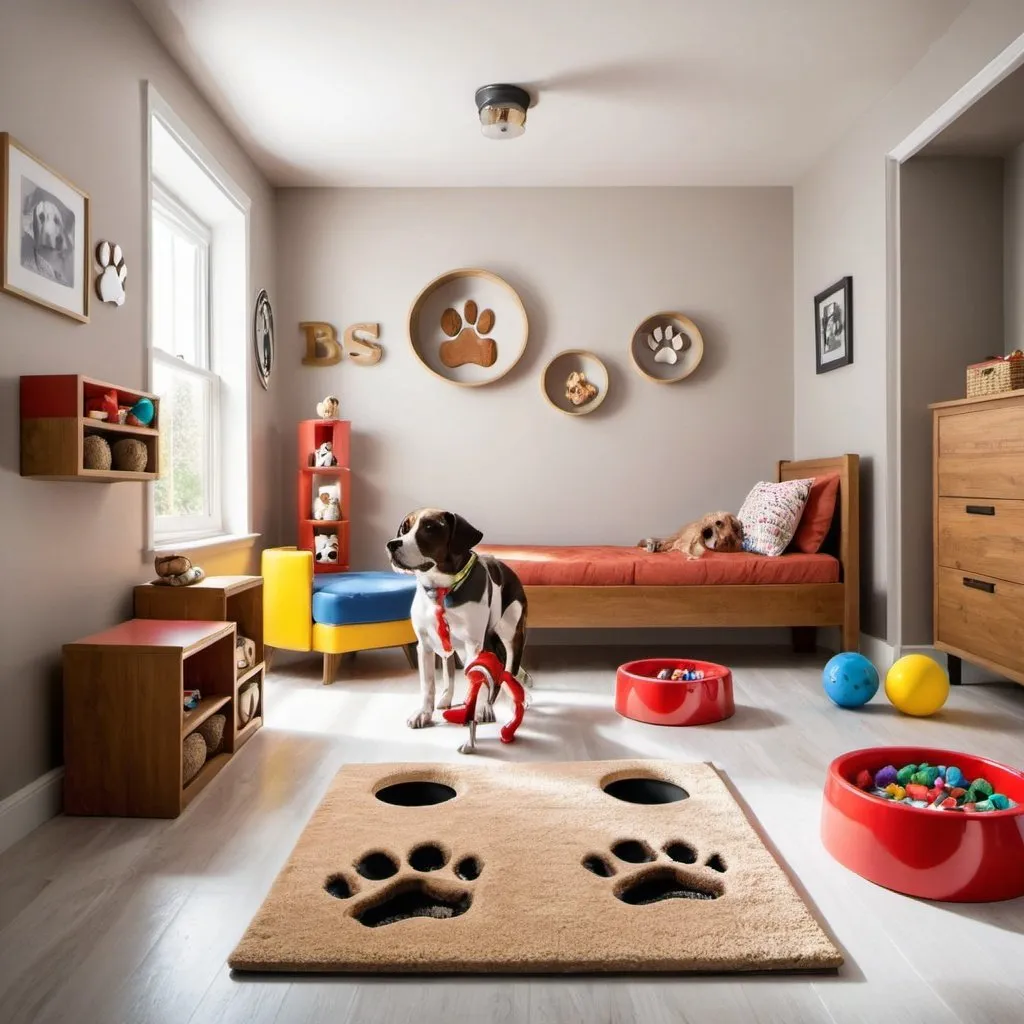 Prompt: a dog inspired room with dog bowls, leads, paw prints and toys