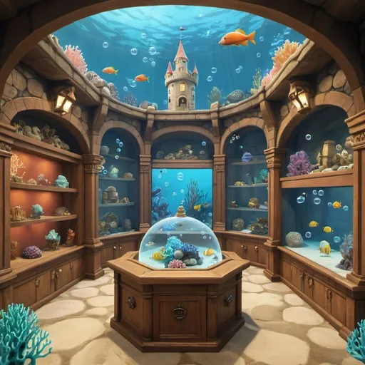 Prompt: a fish inspired information room that has bubbles, coral, castle and treasure chest