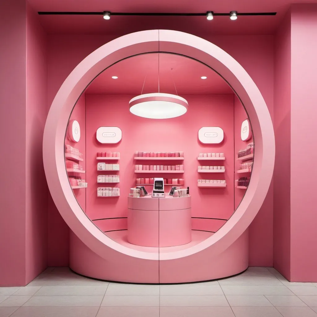 Prompt:  a pink store with a cylinder circle till
