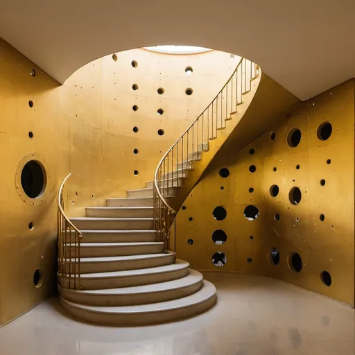 Prompt: a golden staircase with big holes in the wall