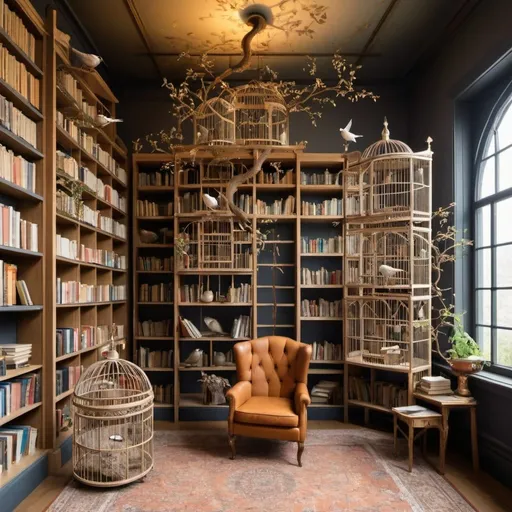 Prompt: a bird inspired library with cages and seeds as decoration