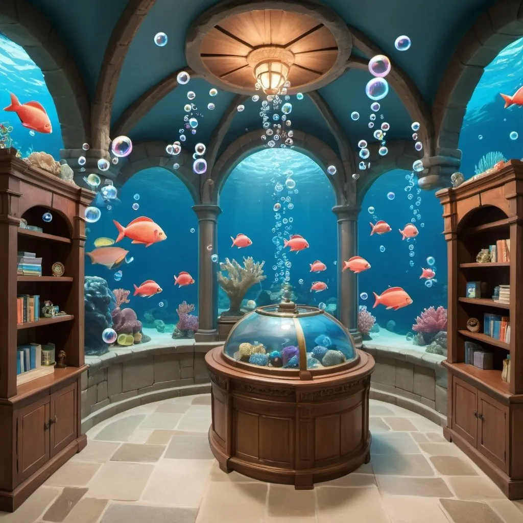 Prompt: a fish inspired information room that has bubbles, coral, castle and treasure chest