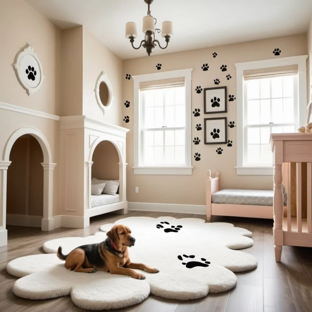 Prompt: a dog inspired room with paw prints on the walls, fluffy floors and a dog house castle