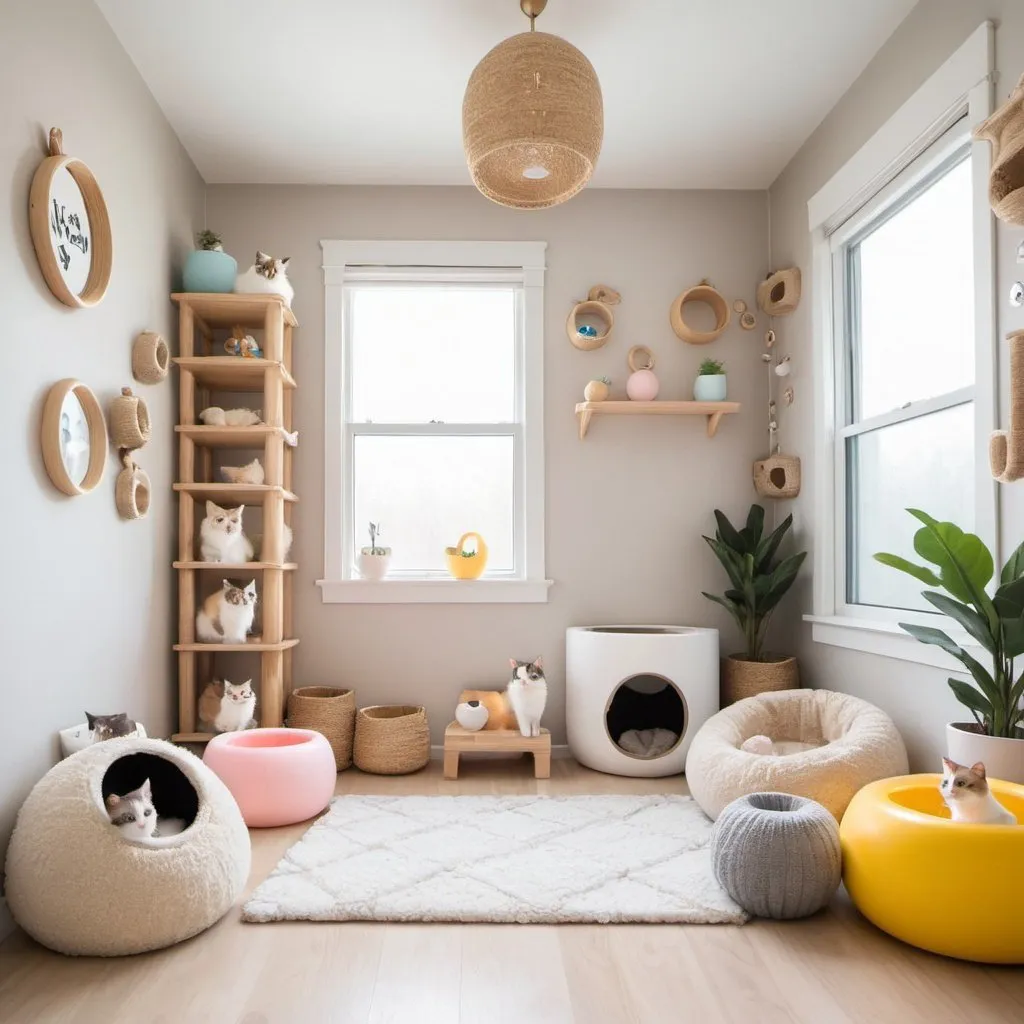 Prompt: a fluffy cat inspired room with cat trees, litter box and toys