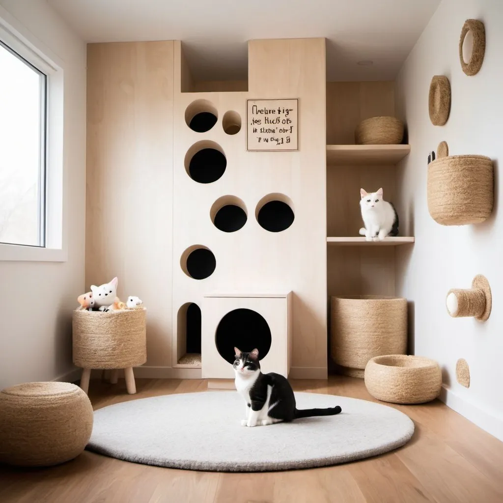 Prompt: a cat inspired room with fluffy walls, scratching posts, litter box and toys