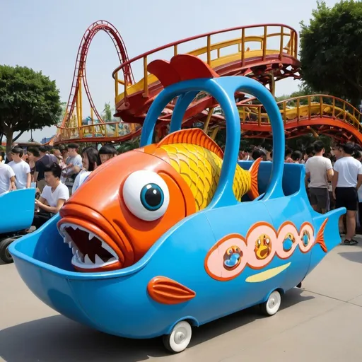 Prompt: a fish shaped roller coaster cart
