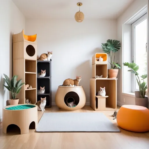Prompt: a cat inspired room with cat trees, litter box and toys
