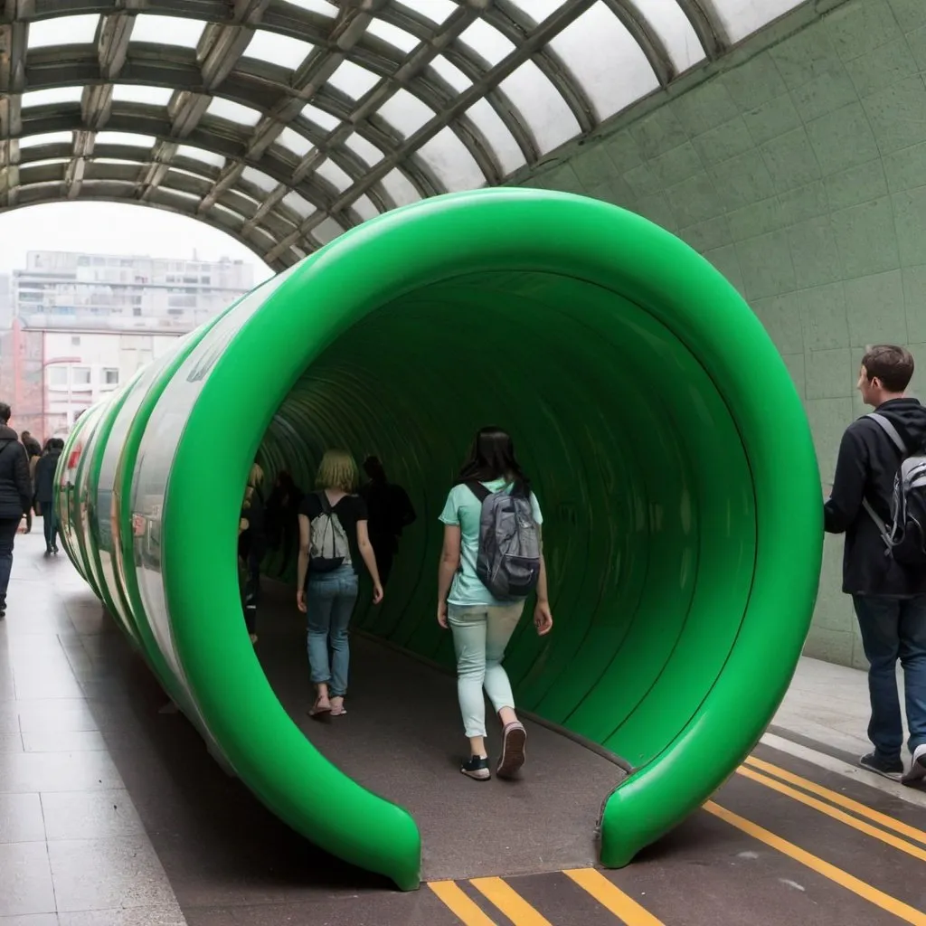 Prompt: a green tube with people walking inside it