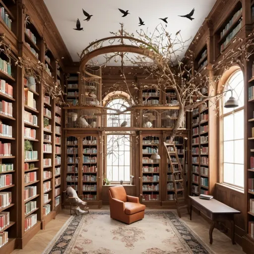 Prompt: a bird inspired library with cages and seeds as decoration