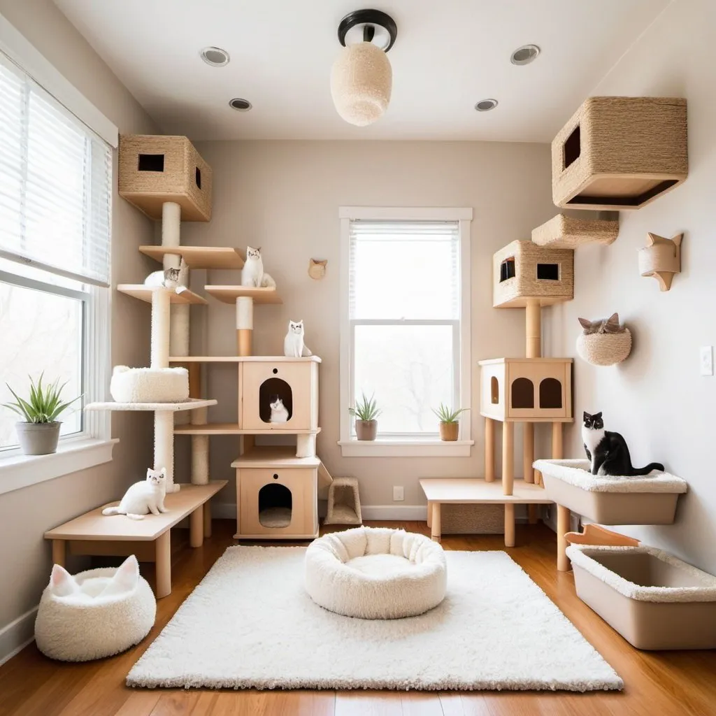 Prompt: a fluffy cat inspired room with cat trees, litter box and toys