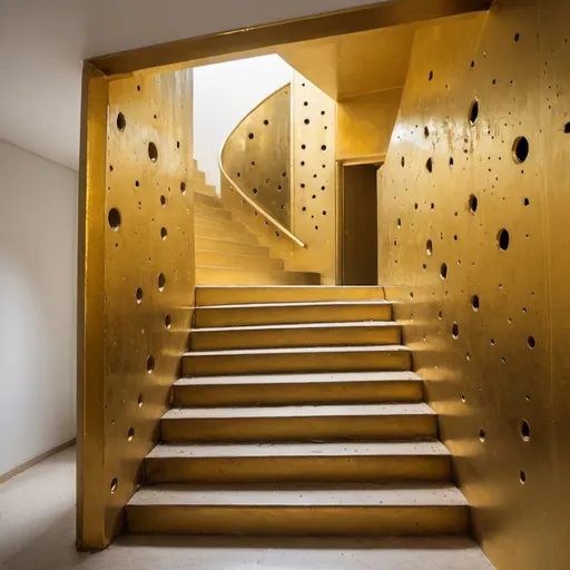 Prompt: a golden staircase with big holes in the wall