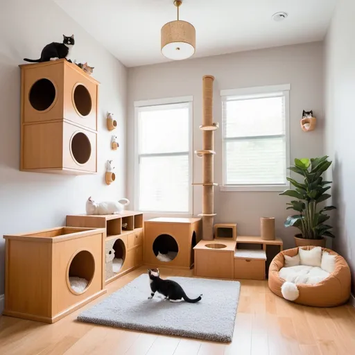 Prompt: a cat inspired room with cat trees, litter box and toys