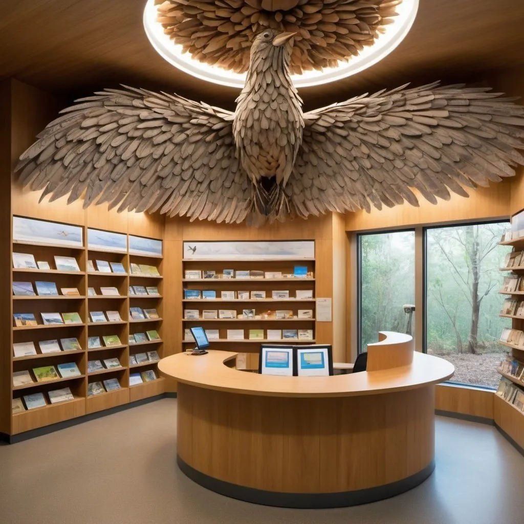 Prompt: a bird inspired information room