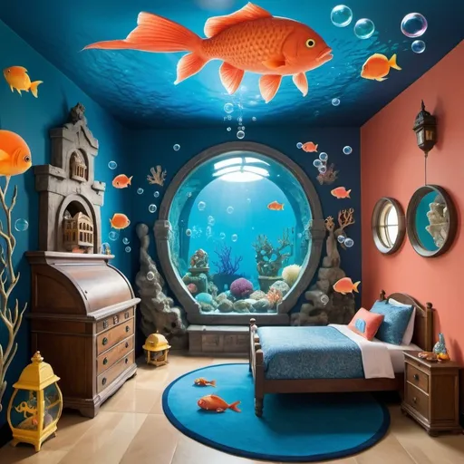 Prompt: a fish inspired room that has bubbles, coral, castle and treasure chest