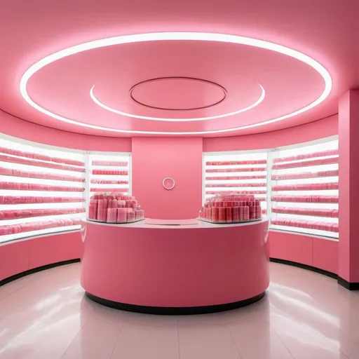 Prompt:  a pink store with a cylinder circle till
