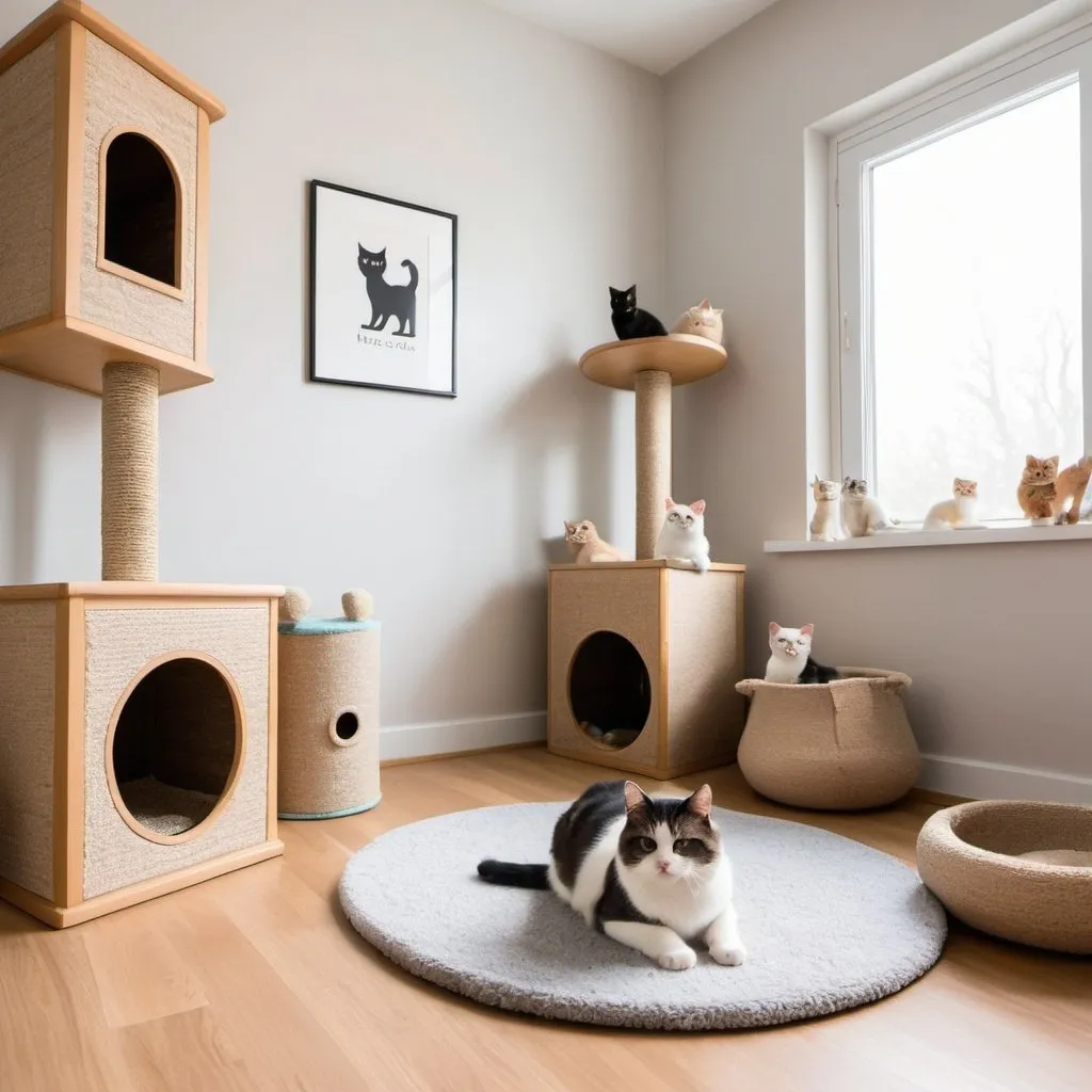 Prompt: a fluffy cat inspired room with scratching posts, litter box and toys