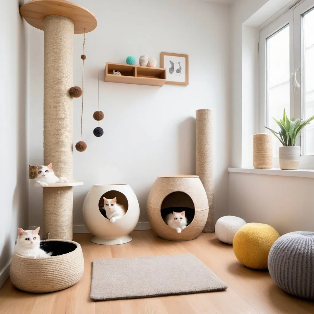 Prompt: a fluffy cat inspired room with scratching posts, litter box and toys