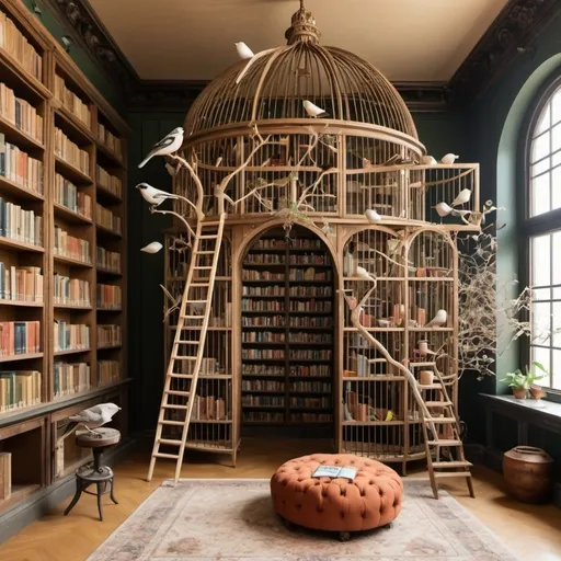 Prompt: a bird inspired library with cages and seeds as decoration