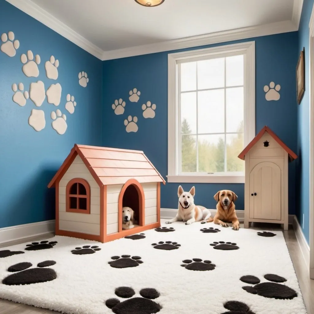 Prompt: a dog inspired room with paw prints on the walls, fluffy floors and a dog house castle