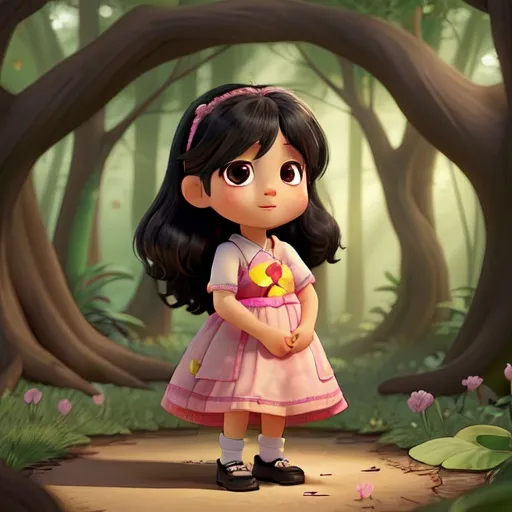 Prompt: Arielle is a 8 years old girl. She is asian and have got black hair. She is a little chubby and always wear dresses. She is in an enchanted forest looking for a magic flower.
