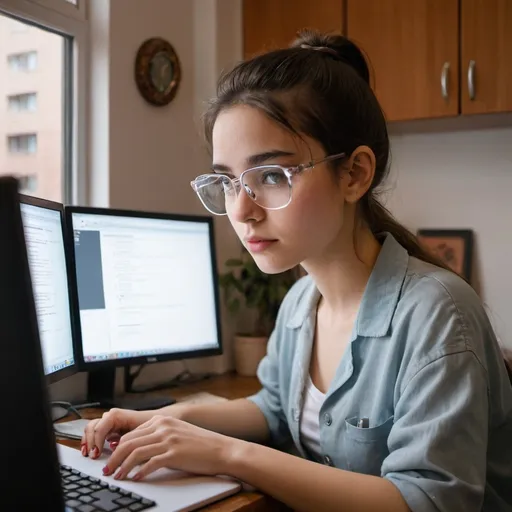 Prompt: A girl wearing glass and work on her computer at the back in her her apartment