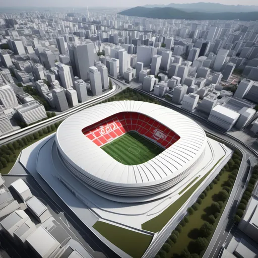 Prompt: Now design a new football stadium, following the red and white color palette, the stadium has a small touch of Japanese architecture, the Stadium is going to be called: "Saitama Arena 2∅25".