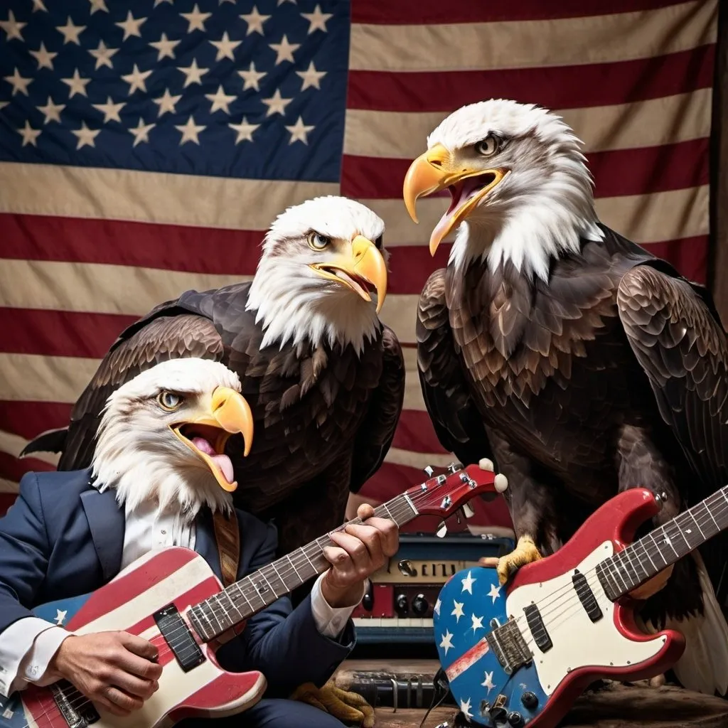 Prompt: Bald eagles playing instruments in a rock band, vintage instruments, American flag backdrop, high quality, vintage style, patriotic colors, dramatic lighting, detailed feathers, intense expressions
