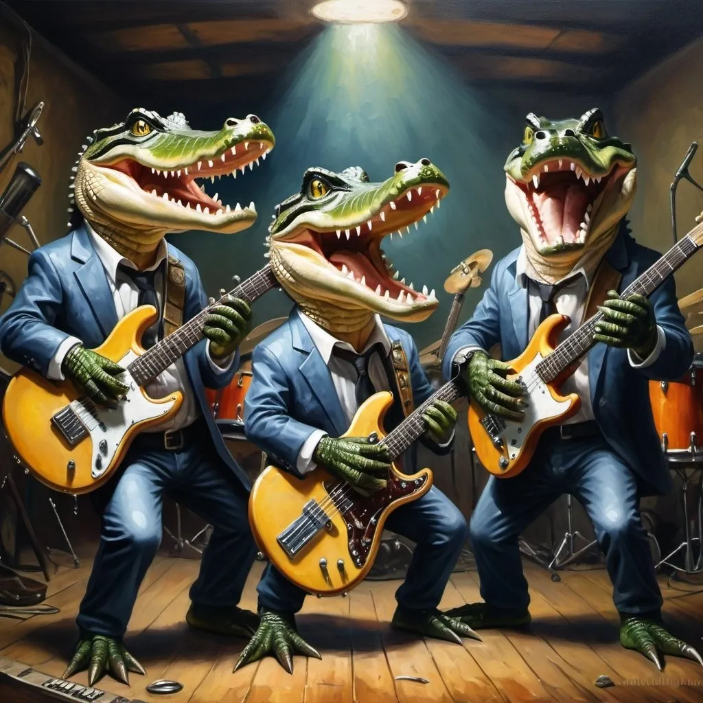 Prompt: Alligators playing instruments in a heavy metal band, high resolution oil painting