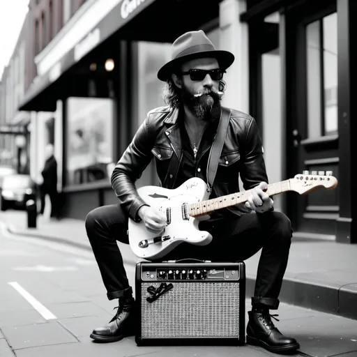 Prompt: A black and white photograph captures a stand-up man with a cool hat and short beard playing a Telecaster guitar, plugged into his combo amp, set up on the street. He exudes passion as he strums the guitar, with attention to realistic details like the gleaming finish and the intricate knobs and switches on the instrument. The air around him is filled with the melancholic melodies of his music, blending seamlessly with the damp London night. taken with a sony alpha 7 iv camera 90 mm focal length 1. 4 lens speed 1: 1000 iso 100 , He is immersed in the passion of his music as he plays the guitar intensely by the square in the London night, where the air is damp and the atmosphere is filled with a taciturn romance.photorealistic, 8k, 