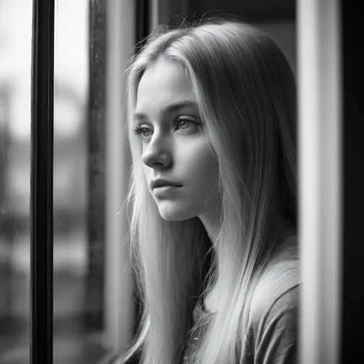 Prompt: black and white photograph of a blonde girl with long straight hair looking through a window with her reflection, taken with a sony alpha 7 iv camera 90 mm focal length 1. 4 lens speed 1: 1000 iso 100 she is thinking about the love of her life the glass is wet and the atmosphere is laconic and romantic, photorealistic, 8k, 