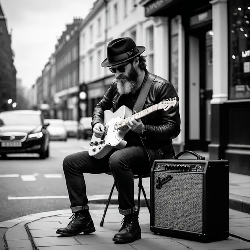 Prompt: A black and white photograph captures a stand-up man with a cool hat and short beard playing a Telecaster guitar, plugged into his combo amp, set up on the street. taken with a sony alpha 7 iv camera 90 mm focal length 1. 4 lens speed 1: 1000 iso 100 , He is immersed in the passion of his music as he plays the guitar intensely by the square in the London night, where the air is damp and the atmosphere is filled with a taciturn romance.photorealistic, 8k, 