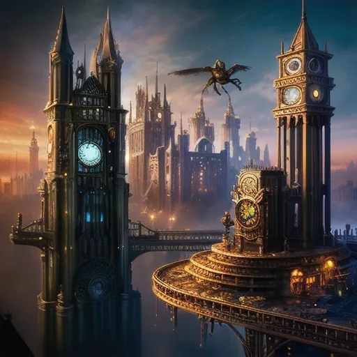 Prompt: fantasy, wonder, magic, steampunk style, cityscape, vibrant, skyline, photorealistic