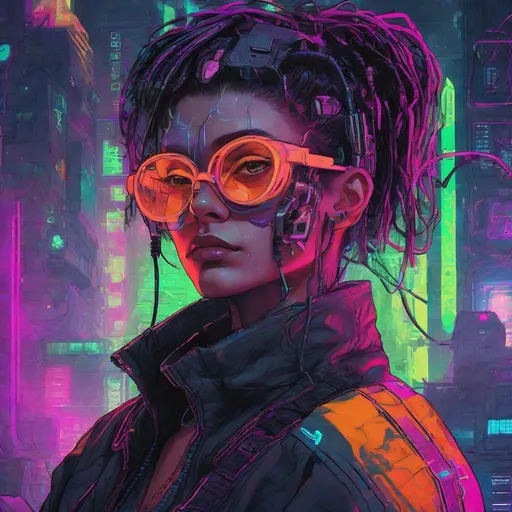 Prompt: Neuromancer character HD Case cyberpunk plugged in to cyberdeck vibrant neon colors nonbinary wires dark future