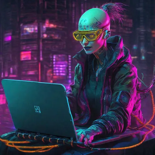 Prompt: Neuromancer character HD Case cyberpunk plugged in to cyberdeck vibrant neon colors androgynous hacker creepy bald wires dark future insane grin tattoos techgoggles respirator holding cyberdeck laptop tablet