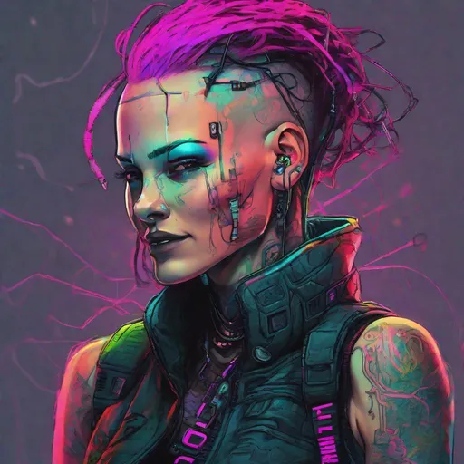 Prompt: Neuromancer character HD Case cyberpunk plugged in to cyberdeck vibrant neon colors androgynous bald wires dark future insane grin tattoos