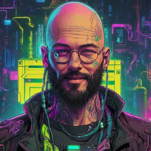 Prompt: Neuromancer character HD Case cyberpunk plugged in to cyberdeck vibrant neon colors androgynous beard bald wires dark future insane grin tattoos
