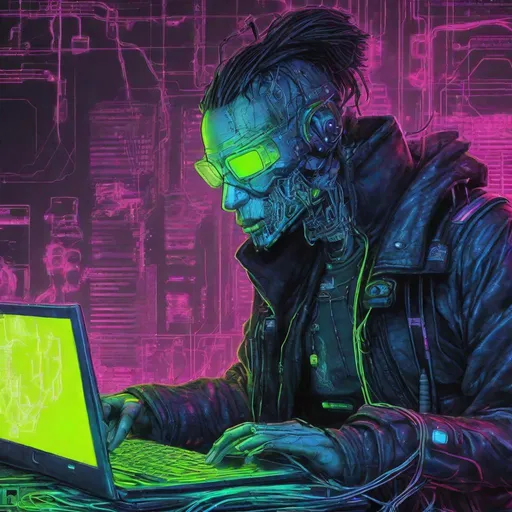 Prompt: neuromancer character "HD Case" realistic cyberware cyberdeck cyberpunk laptop handheld wires gritting teeth grimacing typing wearable neon