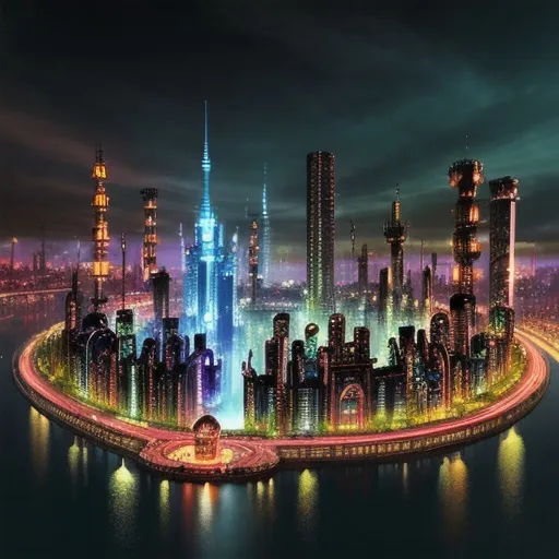 Prompt: fantasy, wonder, magic, human industrial city style, cityscape, vibrant, skyline, photorealistic