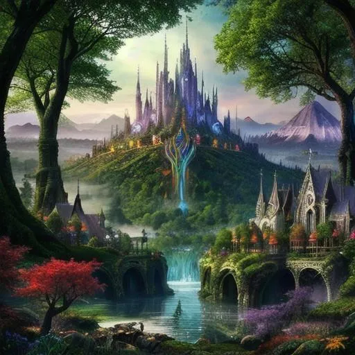 Prompt: fantasy, wonder, magic, elven forest style, cityscape, vibrant, skyline, photorealistic