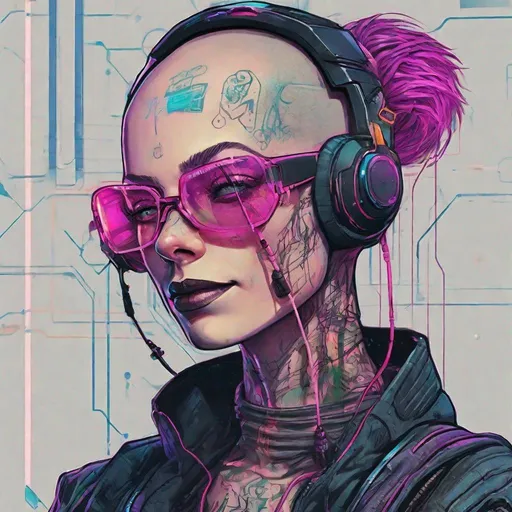 Prompt: Neuromancer character HD Case cyberpunk plugged in to cyberdeck vibrant neon colors androgynous hacker creepy bald wires dark future insane grin tattoos techgoggles